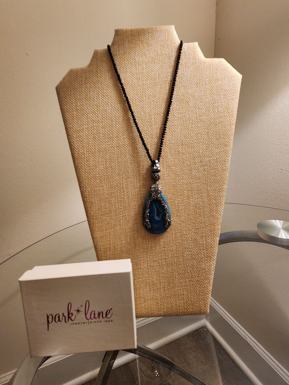 Park Lane Black Beaded Necklace with Blue Teardrop Pendant-DISCONTINUED PIECE